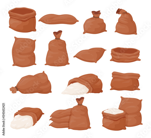 Flour bags empty and full of grain harvest set isometric vector illustration