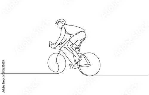 Single continuous line drawing of Man resting sitting on his bicycle in the park, Man riding bicycle continuous one line drawing. Riding bike single line art illustration. Editable vector.