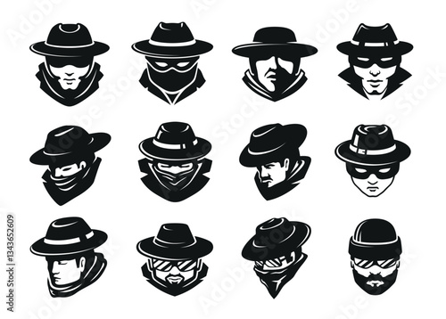 Incognito man portrait in hat mask and sunglasses black icon set vector flat illustration