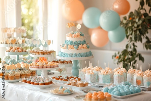 Wallpaper Mural Sweet dessert table featuring cupcakes, cake, and decorations for a celebration in pastel colors at a cozy venue Torontodigital.ca