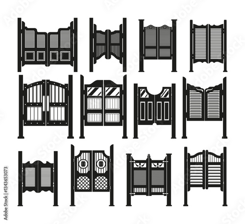 Saloon door bar entrance black monochrome silhouette set vector flat illustration