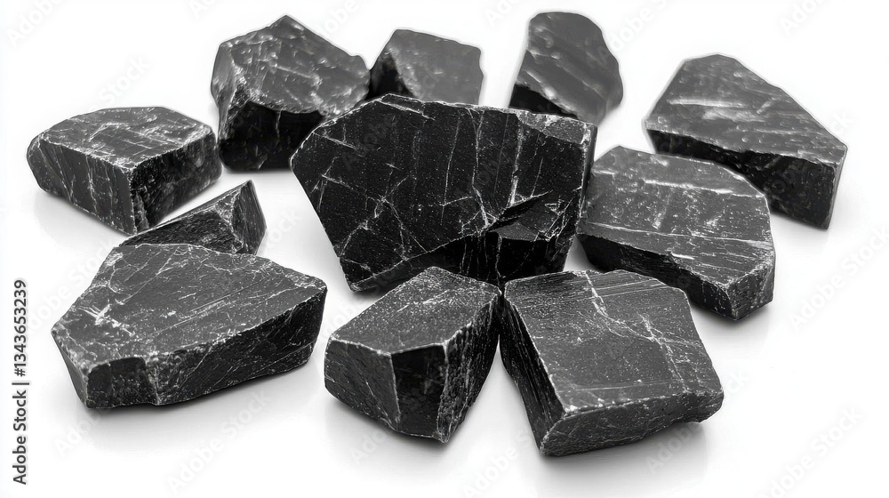 A collection of raw black stones, showcasing unique textures and patterns in a natural, polished appearance. A collection of raw black stones, showcasing unique textures and patterns in a natural, polished appearance.