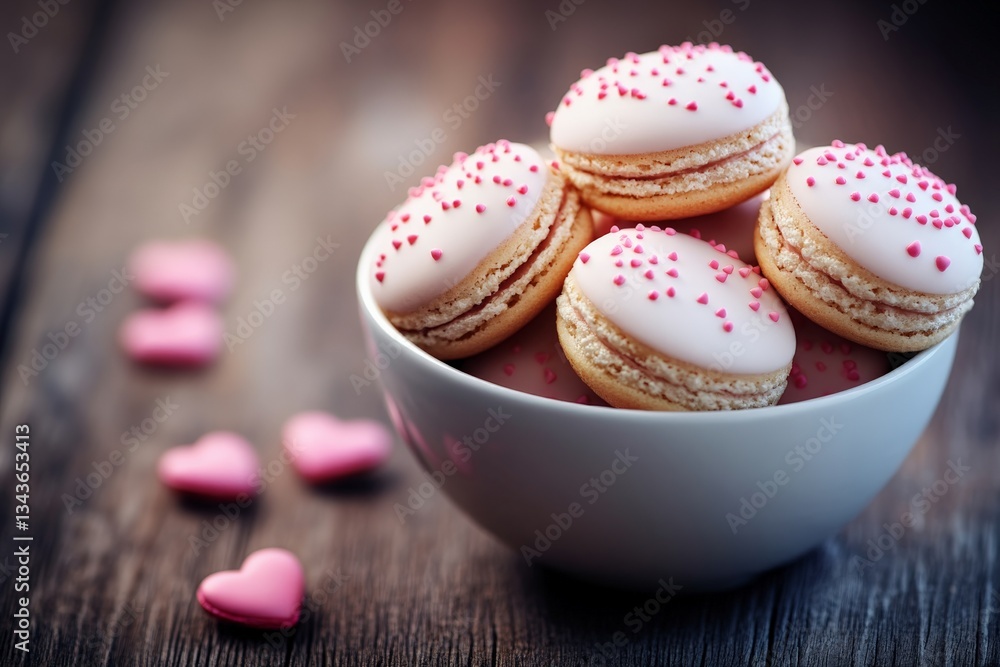 Fototapeta premium Delicious heart-shaped macarons in a white bowl with pink sprinkles perfect for special occasions