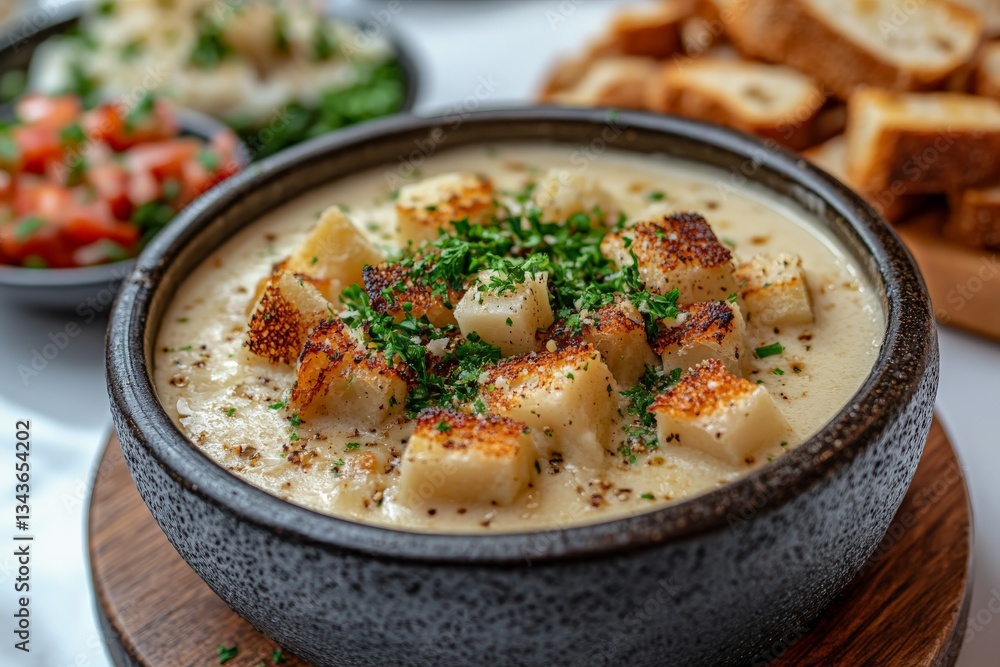 Creamy soup with toasted bread and fresh toppings served in a rustic setting during a cozy dinner gathering Creamy soup with toasted bread and fresh toppings served in a rustic setting during a cozy dinner gathering