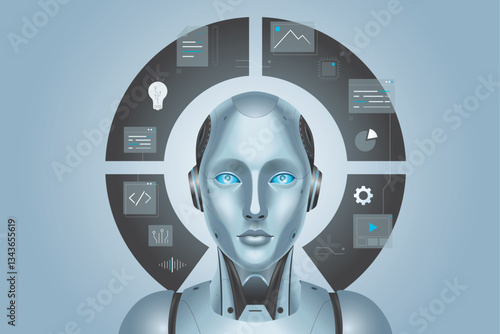 Agentic AI Workflow, AI Driven Automation Technology. Artificial intelligence decision-making concept illustration grey background