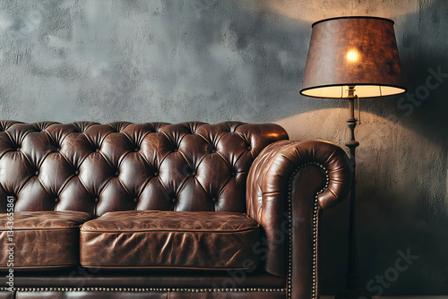 Vintage leather sofa and lamp on a grey background, front view. A brown vintage Chesterfield loveseat with lighted floor lamps,
