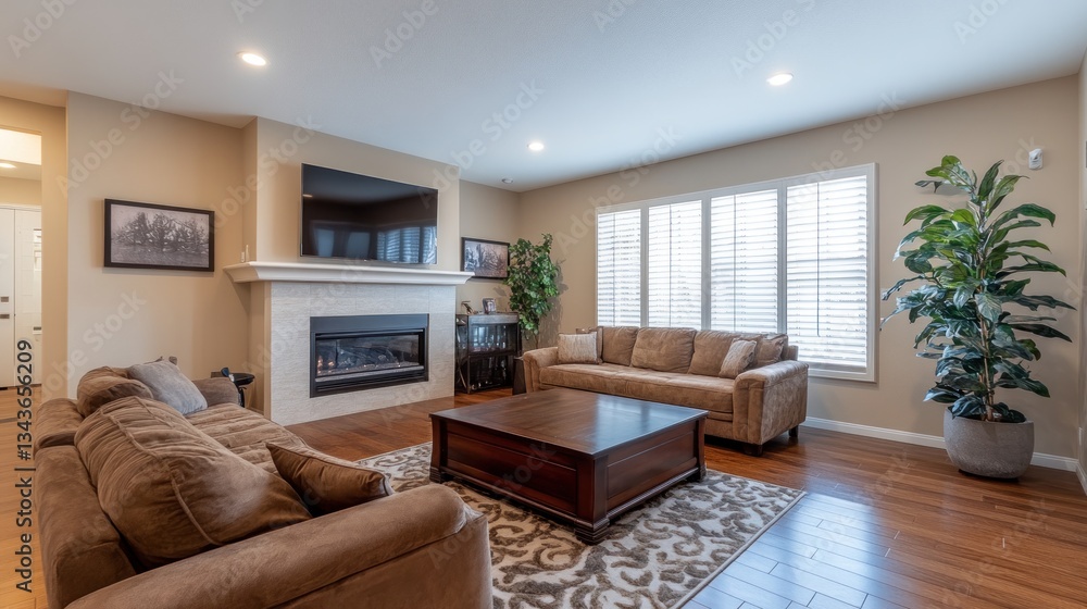 Fototapeta premium Cozy living room with a fireplace, comfortable seating, and natural light.