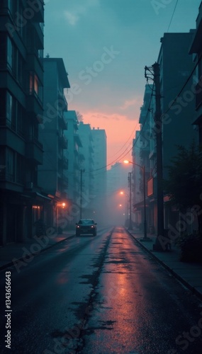 Moody urban landscape at dusk with misty fog and dark grunge textures, mist, gritty, industrial