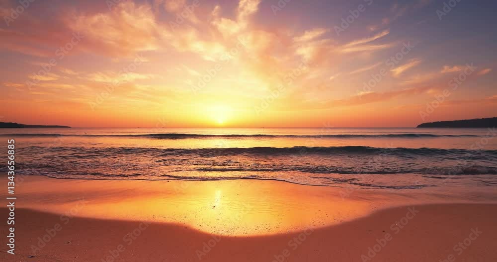 Tropical ocean beach sunrise with color sky clouds and flying seagulls, sea coast sunset Tropical ocean beach sunrise with color sky clouds and flying seagulls, sea coast sunset
