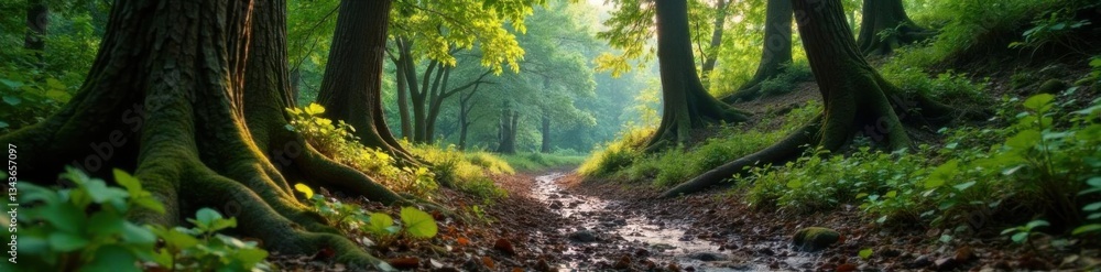 Obraz premium Muddy forest with old tree trunks and overgrown vegetation, trees, forest, earthy