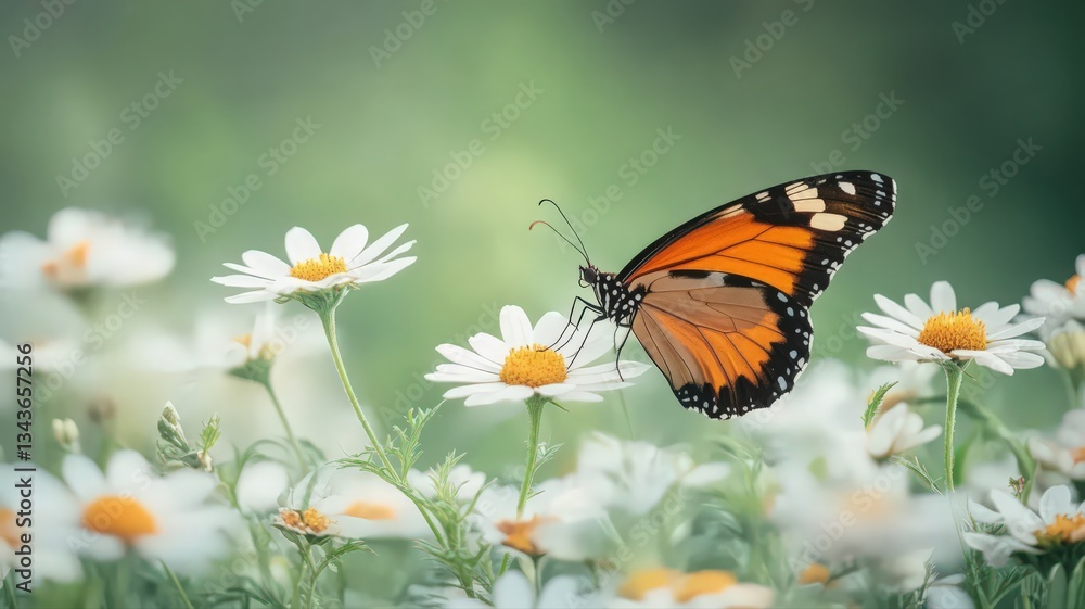 Orange Butterfly on White Daisies in Soft Green Light Orange Butterfly on White Daisies in Soft Green Light