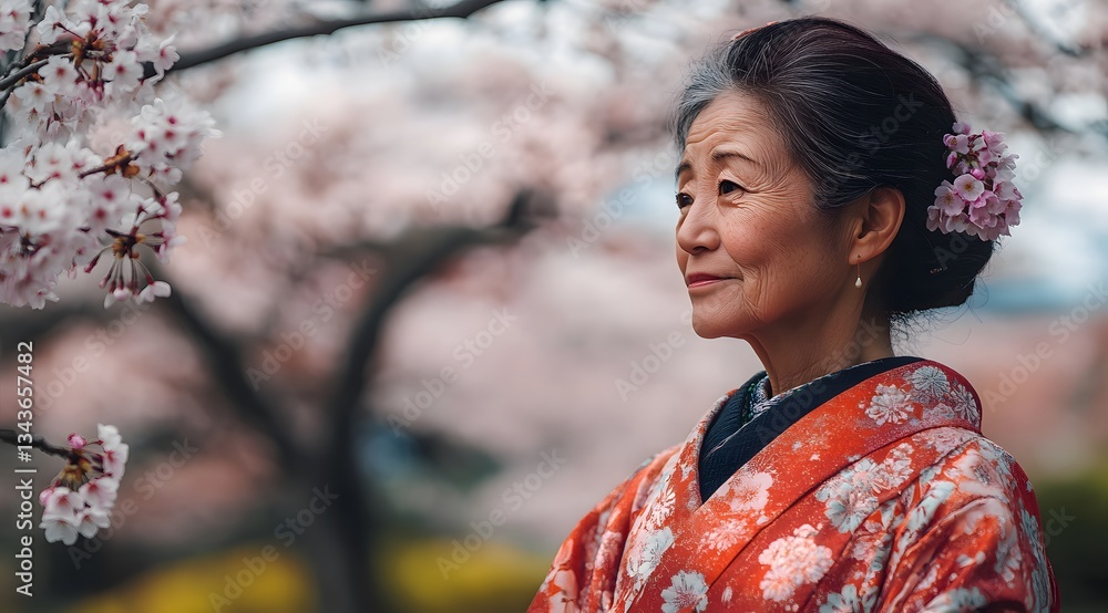 An elderly woman in traditional Japanese kimono clothing stands near a blooming sakura (cherry) blossom tree. An elderly woman in traditional Japanese kimono clothing stands near a blooming sakura (cherry) blossom tree.
