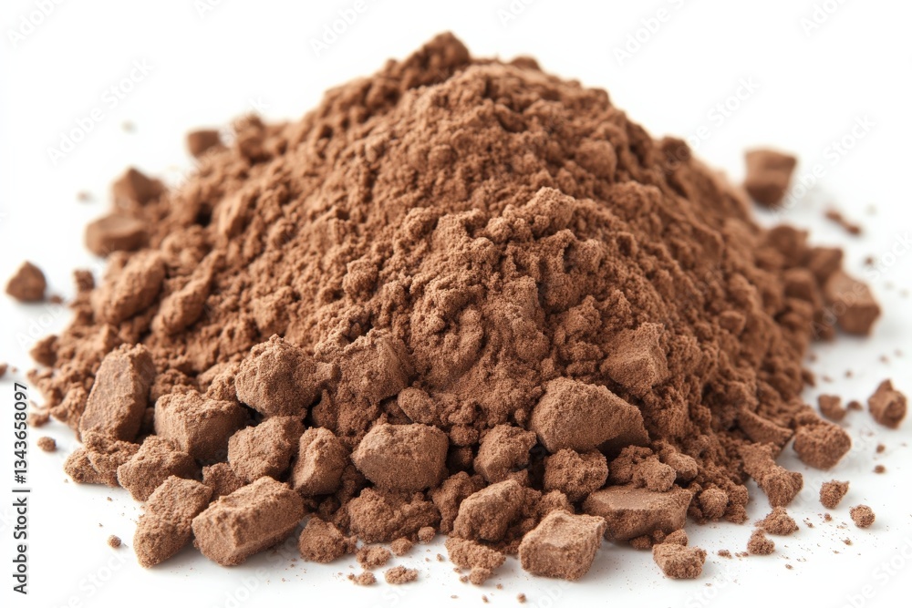 Cocoa powder mound with coarse and fine particles on a white background Cocoa powder mound with coarse and fine particles on a white background