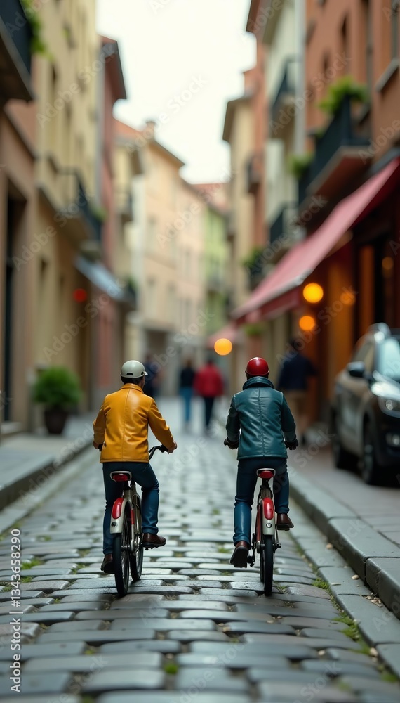 Fototapeta premium Miniature figures riding vintage bicycles on cobblestone street, fun, antique, urban