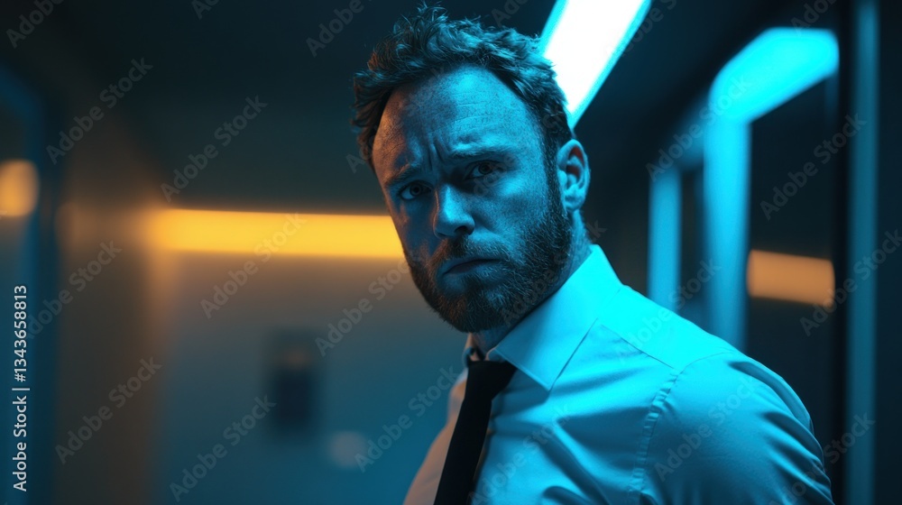 Man in a white shirt standing in a blue hallway Man in a white shirt standing in a blue hallway