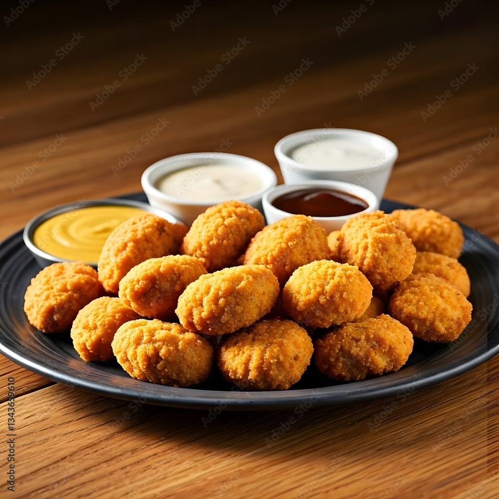 A mouthwatering chicken nugget platter with honey mustard, barbecue sauce, and ranch dipping sauces, Ai Generated A mouthwatering chicken nugget platter with honey mustard, barbecue sauce, and ranch dipping sauces, Ai Generated