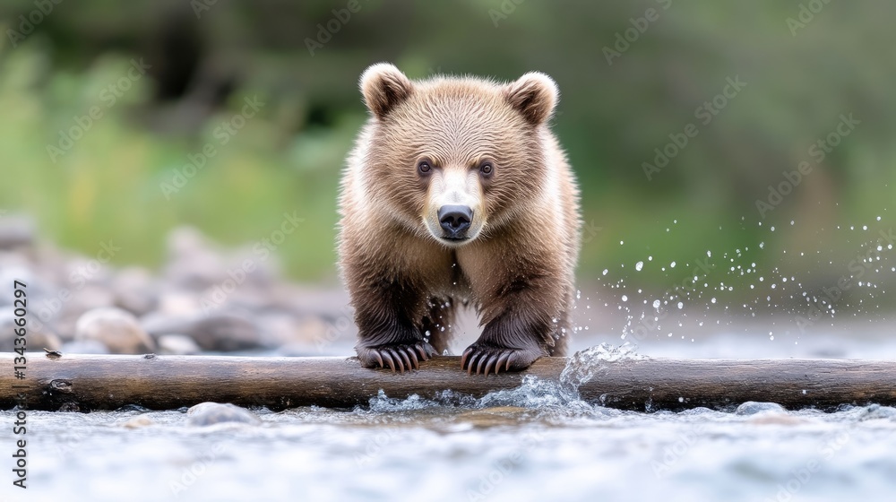 Obraz premium Young bear crossing a log over a stream