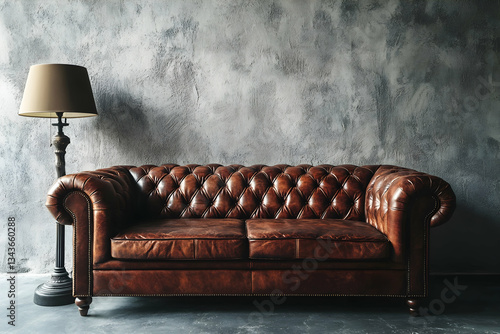 Vintage leather sofa and lamp on a grey background, front view. A brown vintage Chesterfield loveseat with lighted floor lamps,