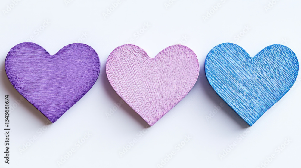 Three hearts are shown in different colors, with one purple, one pink, and one blue. The hearts are arranged in a row, with the purple one in the middle and the pink and blue ones on either side Three hearts are shown in different colors, with one purple, one pink, and one blue. The hearts are arranged in a row, with the purple one in the middle and the pink and blue ones on either side