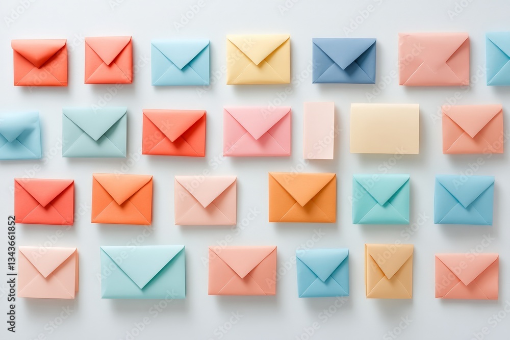 Colorful envelopes arranged neatly on a white surface for creative mailing inspiration Colorful envelopes arranged neatly on a white surface for creative mailing inspiration