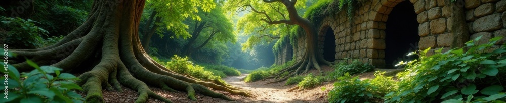 Fototapeta premium Overgrown forest with twisted tree roots and exposed stone walls, rough, woods