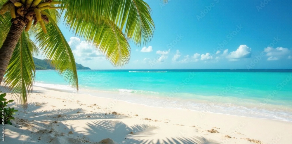 Obraz premium Palm fronds scattered on sandy beach with turquoise waves, vacation scene, natural scenery