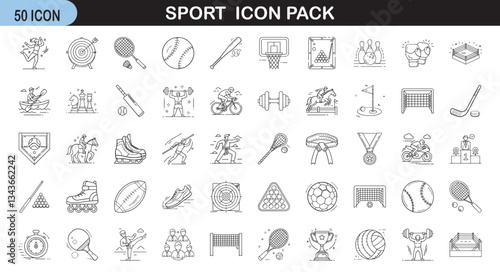Sports and athletics icon set - A collection of 50 thin line icons representing various sports, athletic activities, and fitness equipment, ideal for sports-related design projects.  
