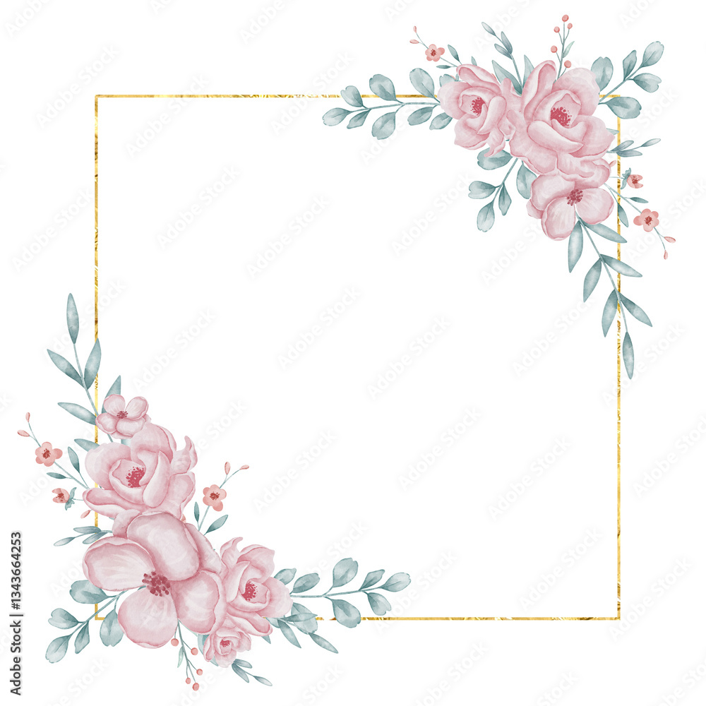 Fototapeta premium Watercolor floral frame with pink flowers, green leaves and golden accents. Illustration of Template for baby shower invitations, birthday cards, or wedding designs. Border in soft pastel tones
