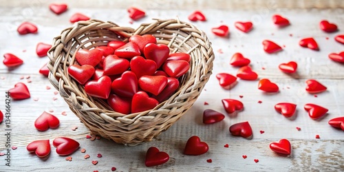 Aerial View of Small Hearts in Wicker Heart-Shaped Basket on White Background