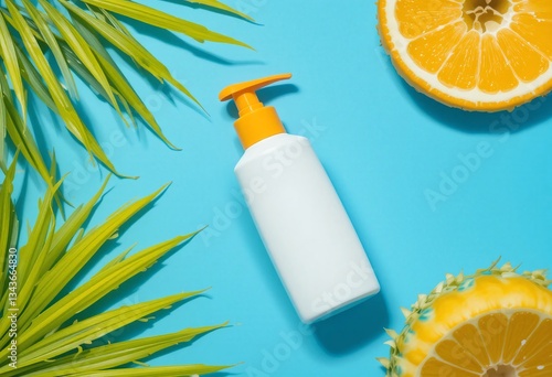 Sun-kissed summer skincare: a refreshing lotion bottle nestled amongst vibrant tropical leaves and juicy citrus slices on a bright blue backdrop.