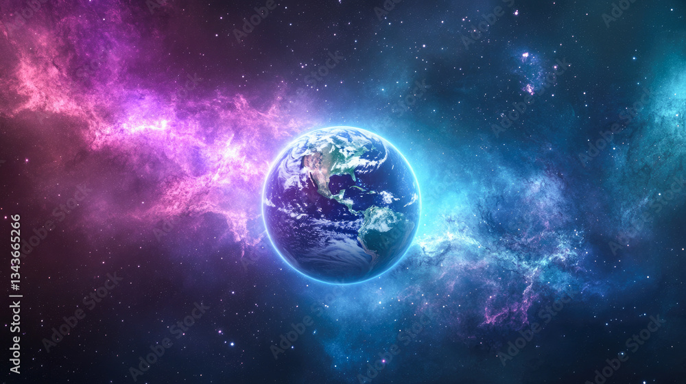 Fototapeta premium Earth in vivid cosmic surroundings with colorful nebulae and stars