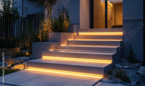A modern staircase illuminated by warm LED lights, surrounded by greenery, creating an inviting atmosphere for an outdoor space.