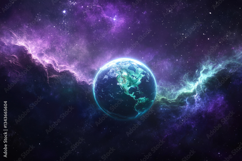 Naklejka premium Earth in vibrant cosmic nebula with galactic stars and space glow