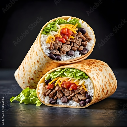 Wallpaper Mural A loaded burrito filled with seasoned beef, rice, black beans, lettuce, cheese, and salsa, wrapped in a warm flour tortilla, Ai Generated Torontodigital.ca