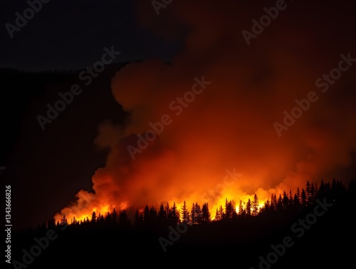 Fierce Forest Fire Creating a Fiery Glow Against the Night
