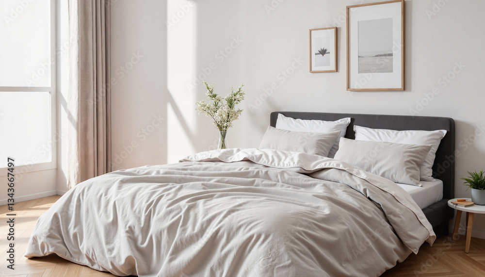 Obraz premium Elegant minimalistic bedroom featuring cozy bedding, tranquil comfort