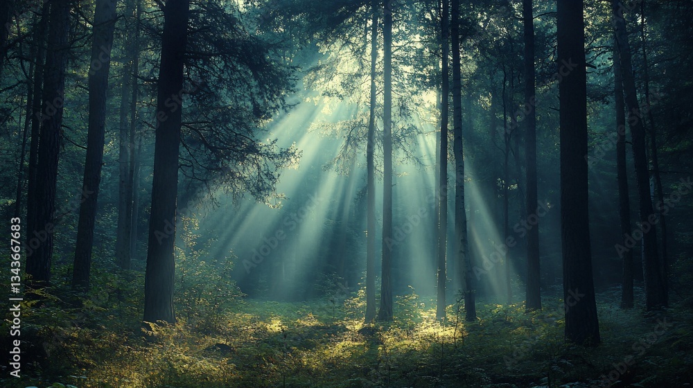 Obraz premium Enchanting Dark Forest with Sunlight Rays Through Trees - Magical Woodland Landscape
