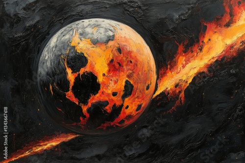 Wallpaper Mural Volcanic planet with fiery asteroid in dark cosmic space Torontodigital.ca