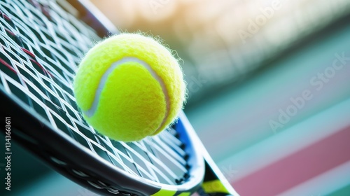 A close-up of a tennis ball hitting the net strings