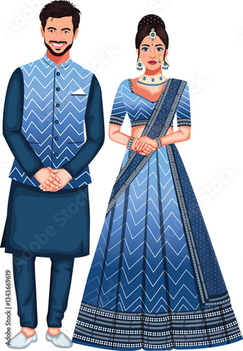Indian Engagement Couple Standing Character Vector Illustration