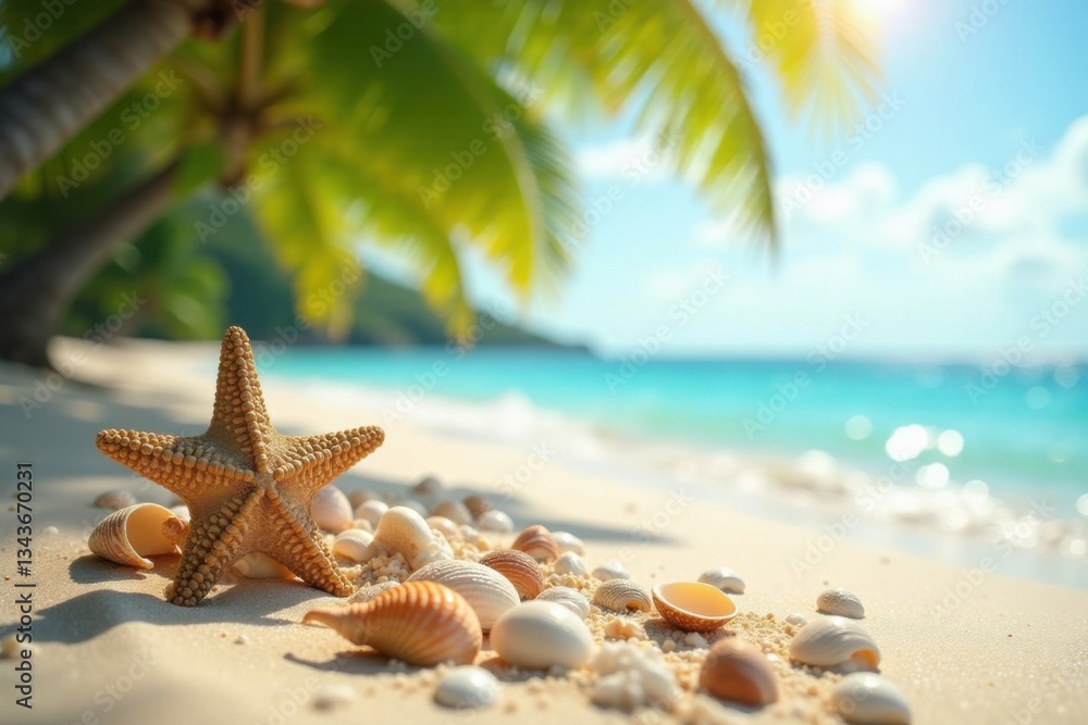 Seashells and starfish scatter on the sun-kissed sand beneath swaying palms, warmth, palm trees, sunny Seashells and starfish scatter on the sun-kissed sand beneath swaying palms, warmth, palm trees, sunny