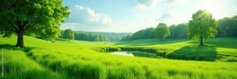 Serene green meadow with trees in the distance and a small pond, nature photography, peaceful Serene green meadow with trees in the distance and a small pond, nature photography, peaceful