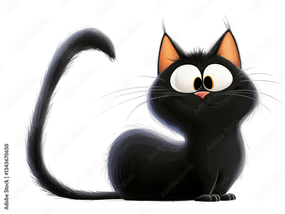 A cartoon illustration of a black cat with big eyes and a long tail on a Isolated on white transparent background A cartoon illustration of a black cat with big eyes and a long tail on a Isolated on white transparent background