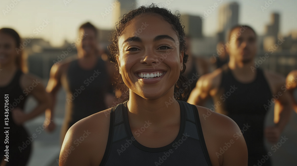 Fototapeta premium A diverse group of fit people doing a run in city, laughing, encouraging each other. 
