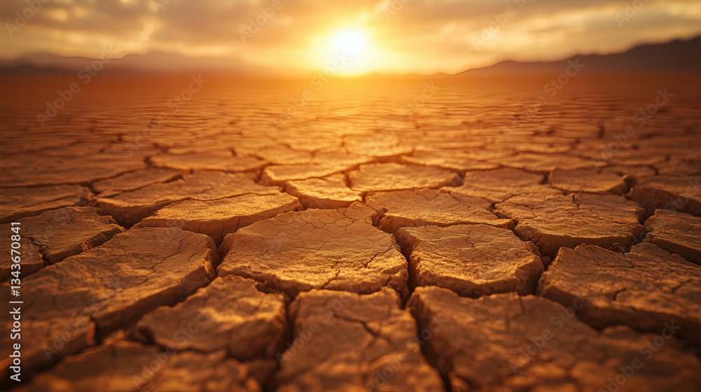 Cracked dry earth under the setting sun