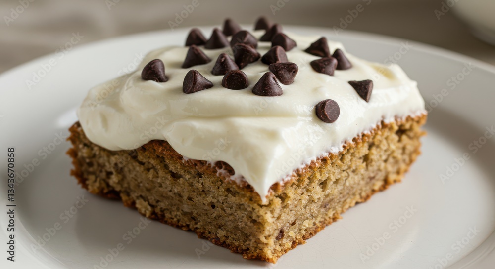 Serving of Delicious Banana Cake with White Frosting and Chocolate Chips Serving of Delicious Banana Cake with White Frosting and Chocolate Chips
