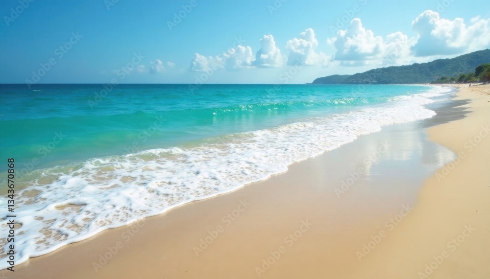 Fototapeta premium Serene ocean waves gently lap at the shore of a pristine sandy beach, horizon, calm