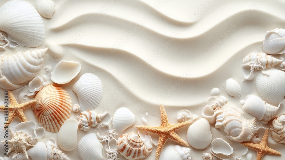 Seashells and starfish rest gently on soft white sand waves creating a serene beach scene. AI Generated Seashells and starfish rest gently on soft white sand waves creating a serene beach scene. AI Generated