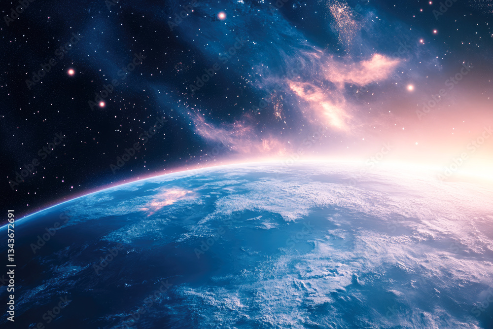 Stunning cosmic view of earth at sunrise with starry sky and nebula clouds Stunning cosmic view of earth at sunrise with starry sky and nebula clouds