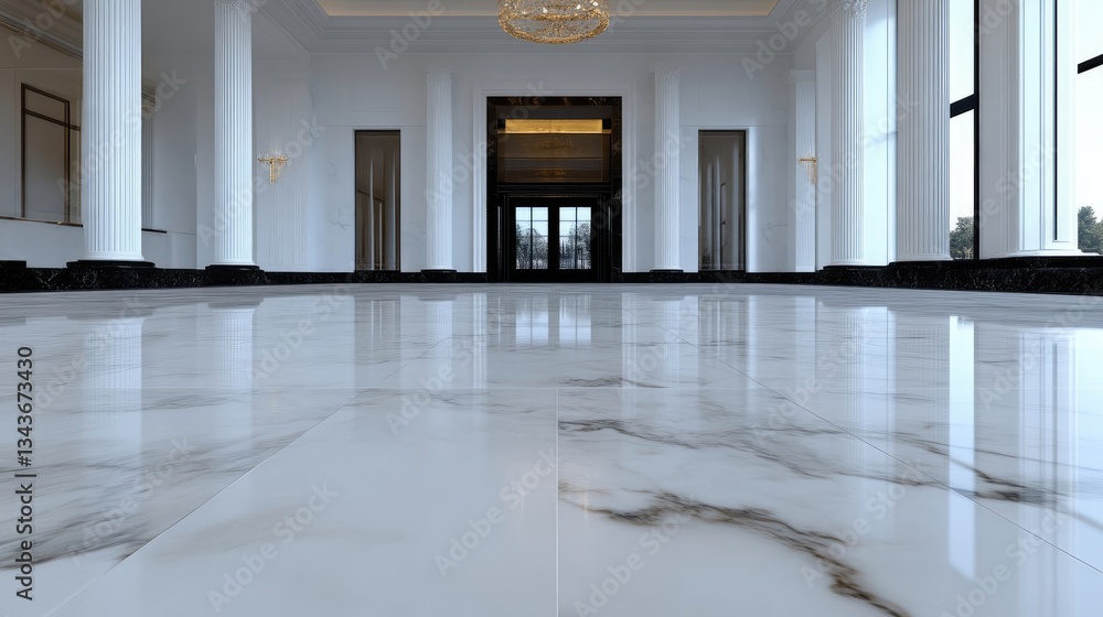 Grand marble foyer. Spacious, elegant entryway with polished marble flooring. Architectural grandeur